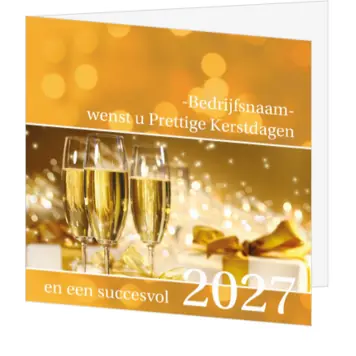 Gouden kerstkaart met champagne en jaartal 2027