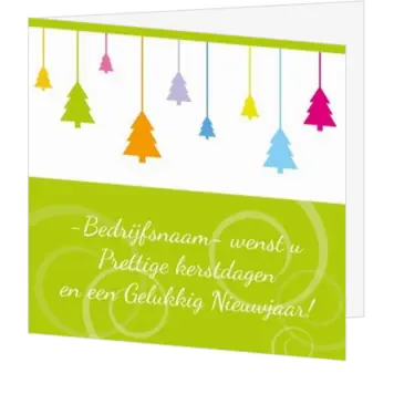 kerstkaart met hangende kerstbomen in multicolor