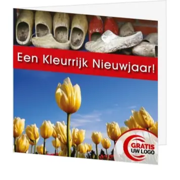kerstkaart met kleurrijke nieuwjaarswens en tulpen