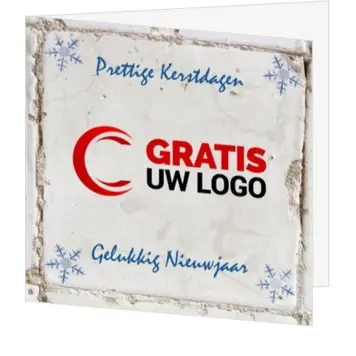 kerstkaart met logo op tegelwand en blauwe sneeuwvlokken