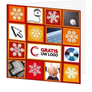 kerstkaart met logo en ICT-collage in rood en oranje