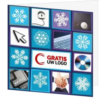 kerstkaart met blauwe wintericonen en logo
