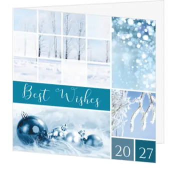 Kerstkaart met blauwe wintercollage en 2027