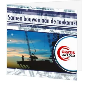 Kerstkaart met bouwproject en blauwe wintersfeer
