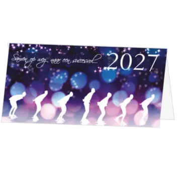 kerstkaart met schaatsers en 2027 in blauw-paars