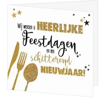 kerstkaart met gouden bestek en feestelijke typografie
