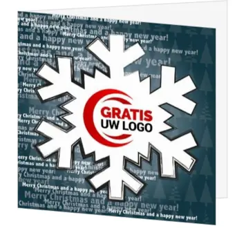 Blauwe kerstkaart met sneeuwvlok en logo