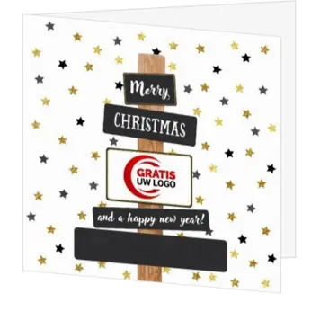Kerstkaart met logo op wegwijzer en sterren