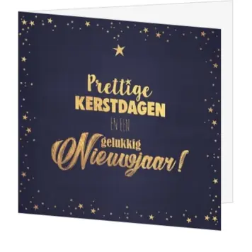 Kerstkaart met gouden sterren op donkerblauwe achtergrond