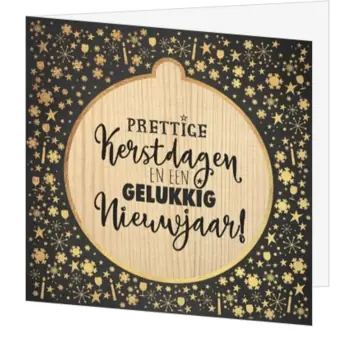 kerstkaart met houtlook, goud en zwarte achtergrond