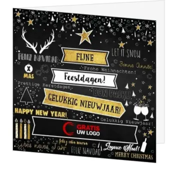 kerstkaart met gouden accenten en zwart krijtborddesign