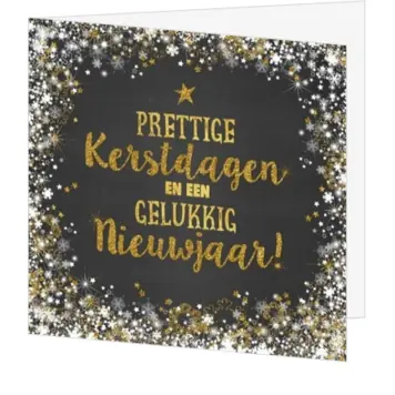 Feestelijke kerstkaart in zwart en goud met sneeuwsterren