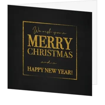 kerstkaart zwart met gouden Merry Christmas en Happy New Year