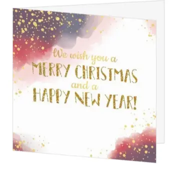 Kerstkaart met goudspetters en paars-roze aquarel