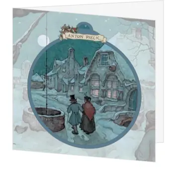 Kerstkaart met nostalgisch winters dorpsgezicht in blauw