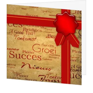 kerstkaart met rode strik en zakelijke typografie