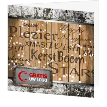 Kerstkaart met houtlook, typografie en sneeuw
