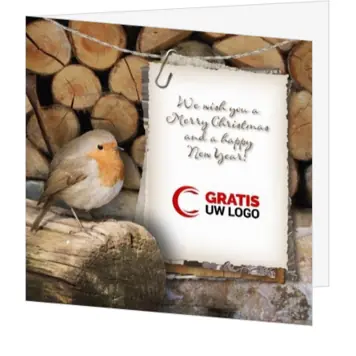 kerstkaart met roodborstje op hout