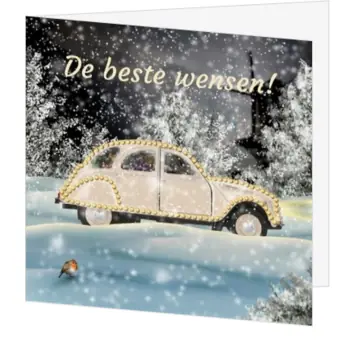 kerstkaart met auto in sneeuwlandschap