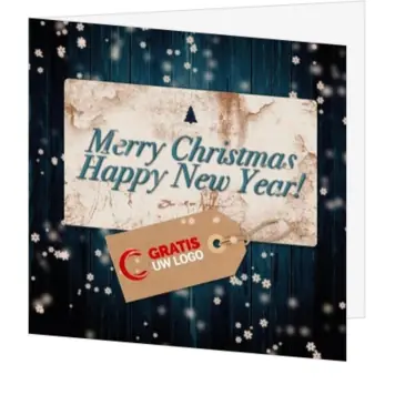 kerstkaart met blauw hout en nieuwjaarsspreuk