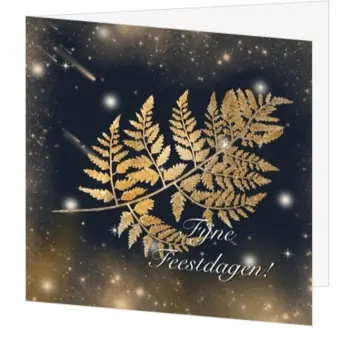 Kerstkaart met gouden bladertak en sterrenhemel