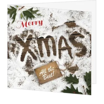 Kerstkaart met besneeuwde houten vloer en xmas