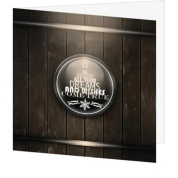 Kerstkaart met donker houten vat en metalen embleem