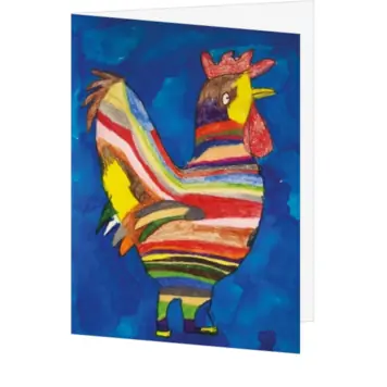kerstkaart met kleurrijke haan op blauwe achtergrond