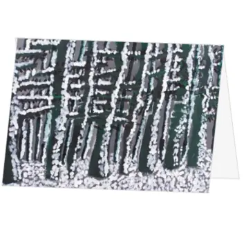 kerstkaart met besneeuwd berkenbos in groene tinten