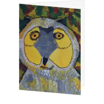 Kerstkaart met kunstzinnige uil in opvallende kleuren
