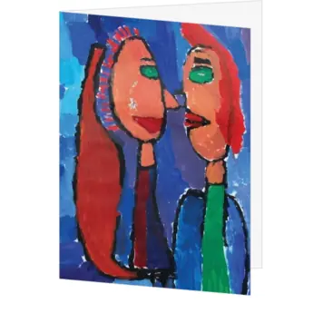 Kerstkaart met expressief geschilderd portret in blauw en rood