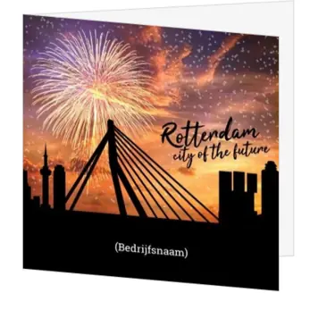 Kerstkaart met skyline van Rotterdam en vuurwerk