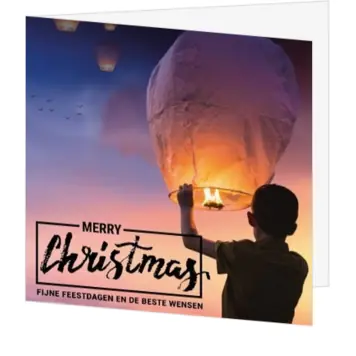 kerstkaart met wensballon in avondrood