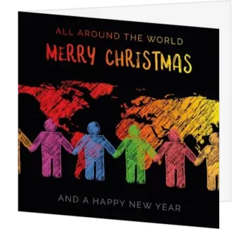 Kerstkaart met wereldkaart en kleurrijke figuren
