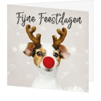 Kerstkaart met hondje als rendier