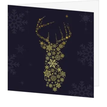 Kerstkaart met gouden rendier van sneeuwkristallen