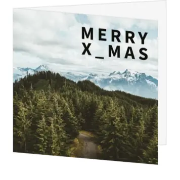 kerstkaart met berglandschap en Merry X_MAS