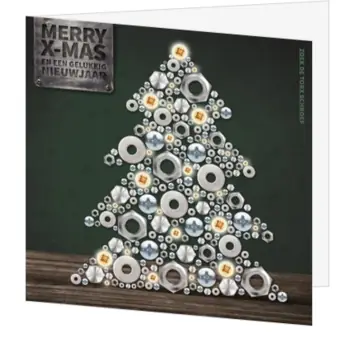 Kerstkaart met kerstboom van moeren, ringen en schroeven