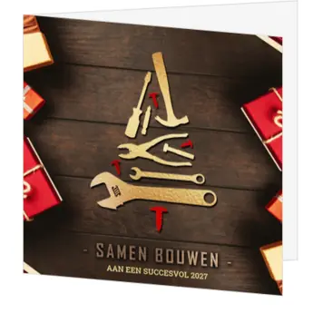 kerstkaart met gereedschap kerstboom en 2027