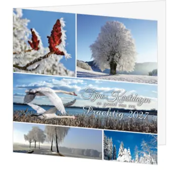 kerstkaart met winterlandschap foto's en jaartal 2027