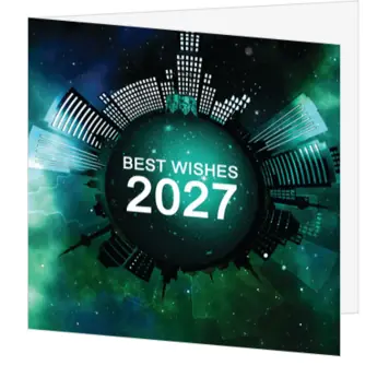 kerstkaart met wereldbol en jaartal 2027