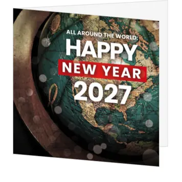 Kerstkaart met wereldbol en jaartal 2027