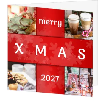 kerstkaart met rode vlakken en winterse fotocollage 2027