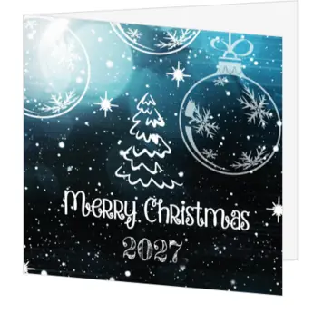Blauwe kerstkaart met witte kerstballen en 2021