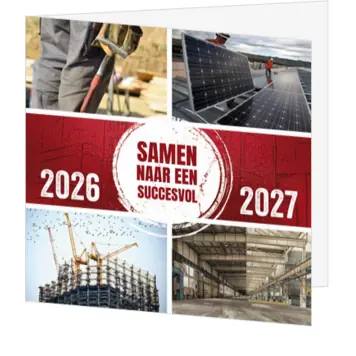 Kerstkaart met bouwfoto’s in rode nieuwjaarssfeer 2026-2027