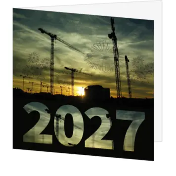kerstkaart bouwplaats met vuurwerk en 2027