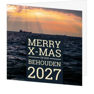 Maritieme kerstkaart met zee, schepen en jaartal 2027
