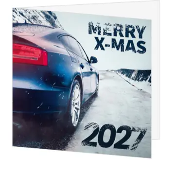 kerstkaart met auto op besneeuwde weg 2027