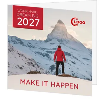 Kerstkaart met berglandschap en jaartal 2027