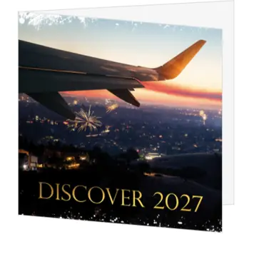 kerstkaart met vliegtuig, vuurwerk en 2027